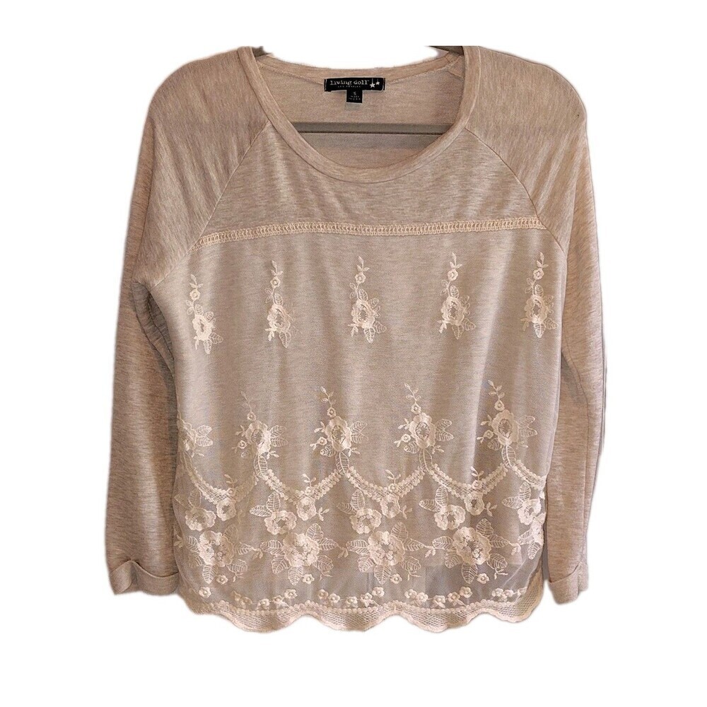Living Doll LA Mesh Lace Overlay Floral Embroidered Sweatshirt Top Beige Small